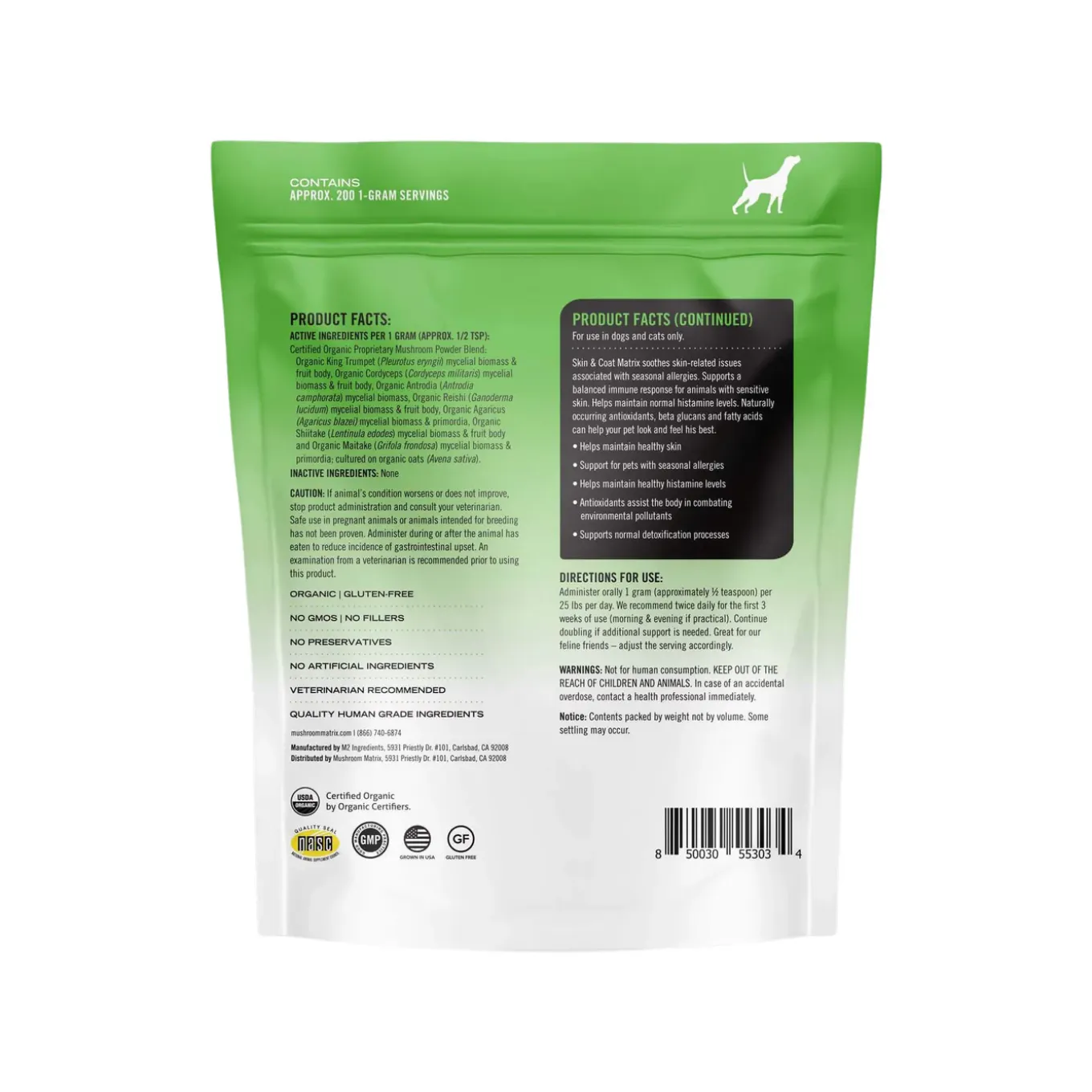 Canine Matrix Skin & Coat Organic Mushroom Allergy Support Supplement for Dogs & Cats