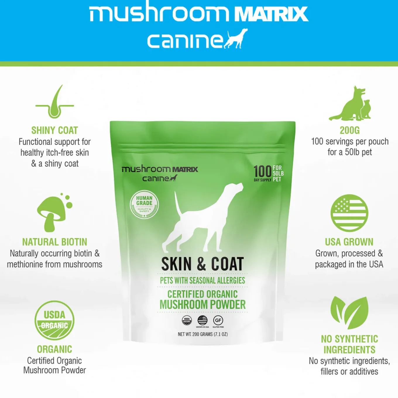 Canine Matrix Skin & Coat Organic Mushroom Allergy Support Supplement for Dogs & Cats