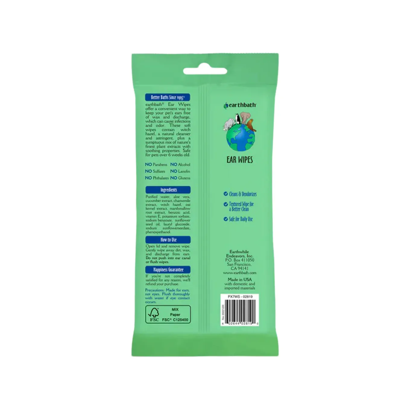 Earthbath Totally Natural Pet Care Clean & Deodorize Ear Wipes for Dogs & Cats