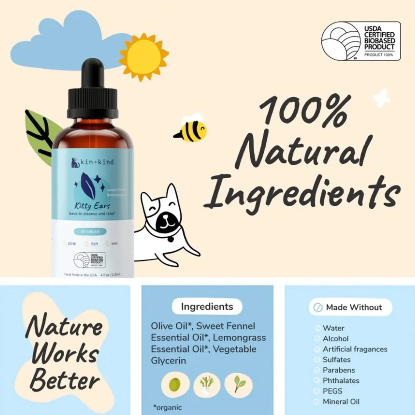 Kin + Kind Natural Kitty Ear Cleaner for Cats