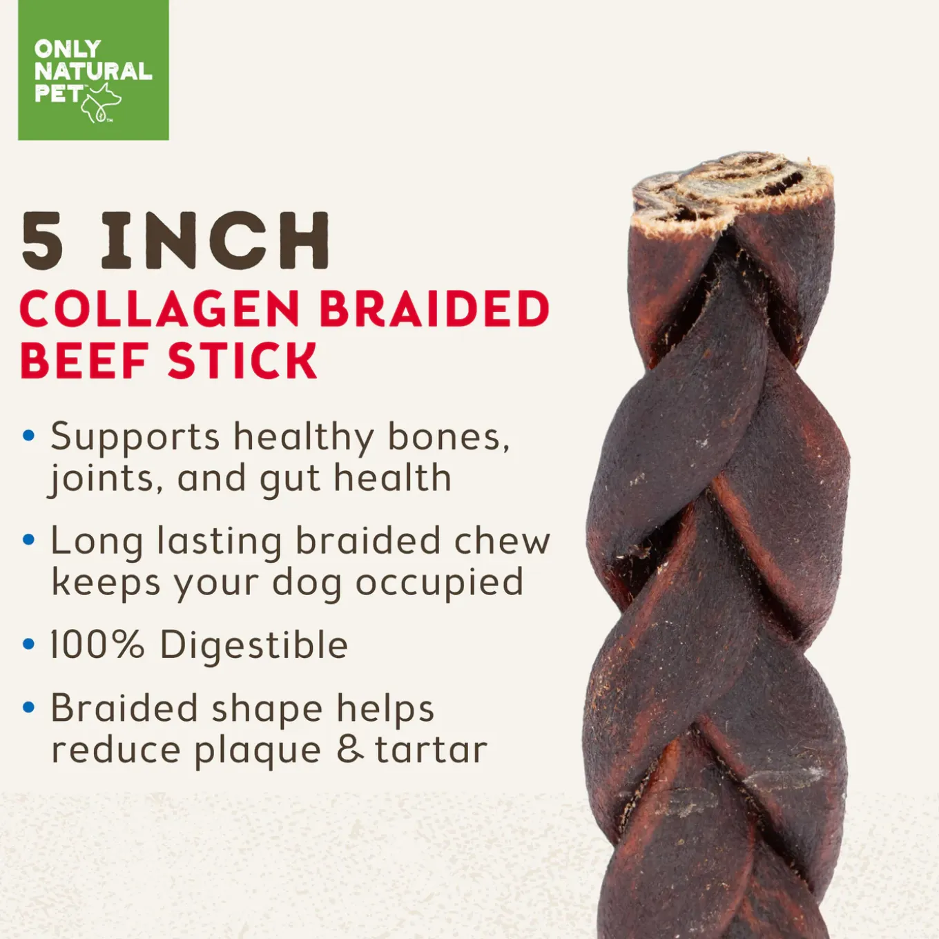 Only Natural Pet Collagen Braided Beef Stick 5 Inch Dog Chew