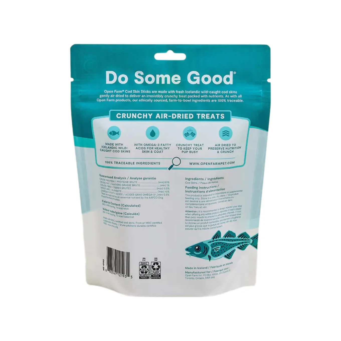 Open Farm Air Dried Cod Skins Sticks Crunchy Dog Treats