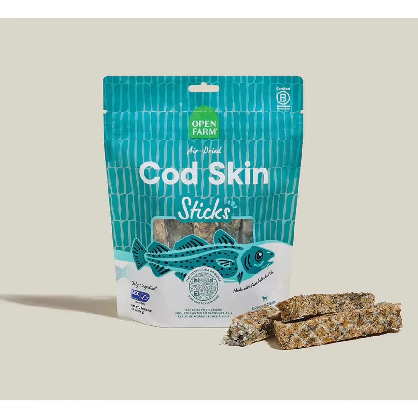 Open Farm Air Dried Cod Skins Sticks Crunchy Dog Treats